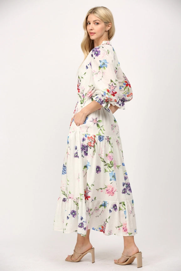 Floral Motif Print Cotton Gathered Waist Midi Dress