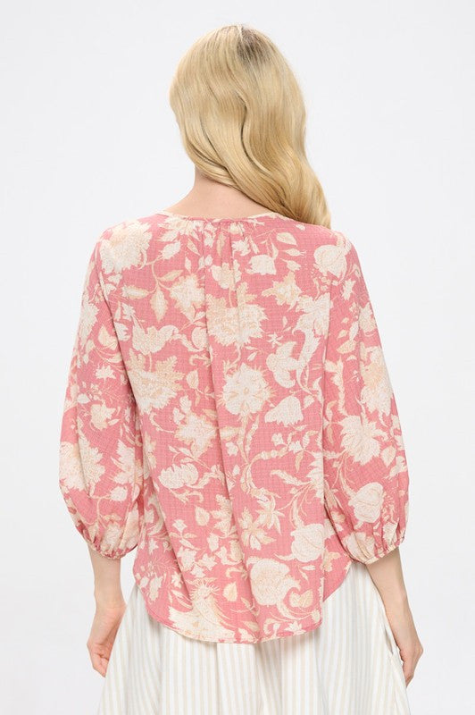 Floral Print 3/4 Sleeve Top with Notch Neck-3