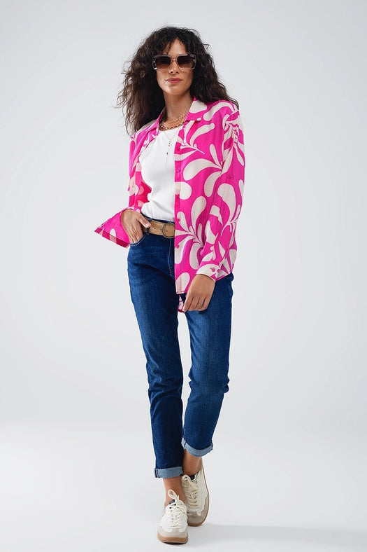 Floral Print Blouse with Polo Collar in Fuchsia