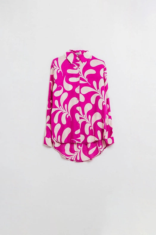 Floral Print Blouse with Polo Collar in Fuchsia