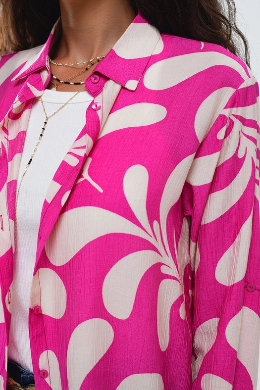 Floral Print Blouse with Polo Collar in Fuchsia