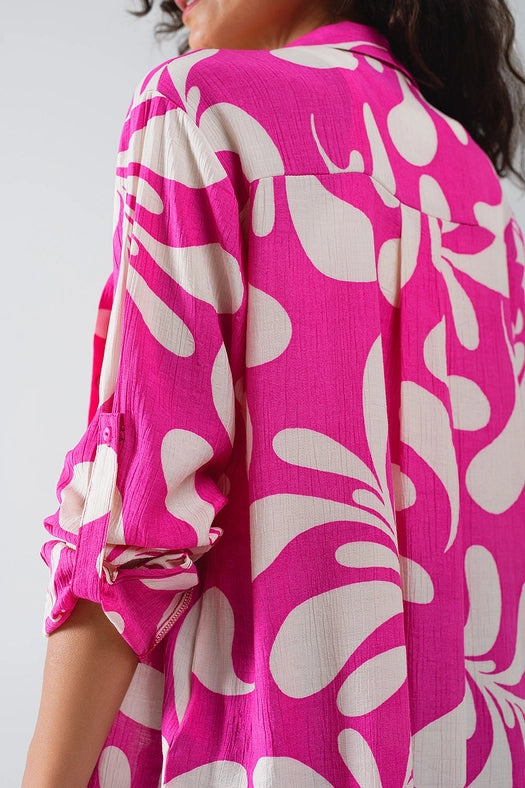 Floral Print Blouse with Polo Collar in Fuchsia