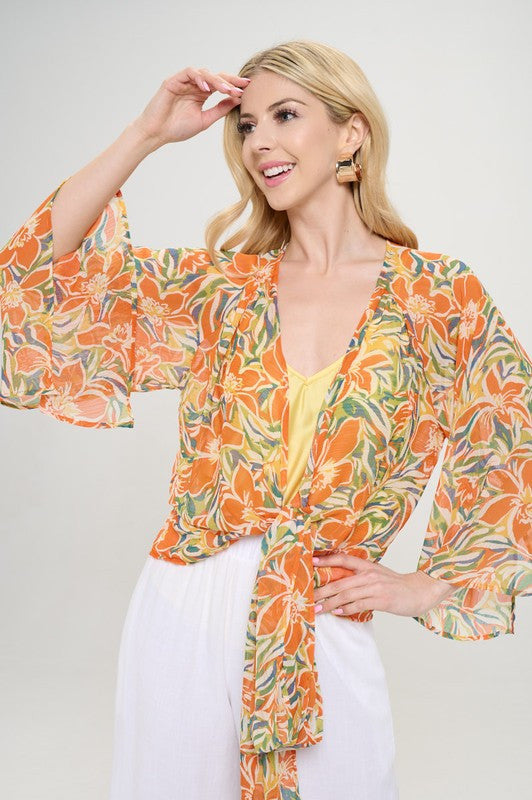 Floral Print Chiffon Sheer Kimono Versatile Wrap Top-0