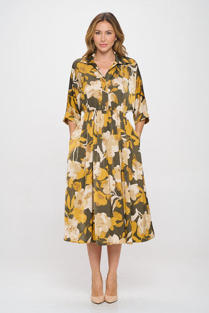 Floral Print Collared V neck Dress with Pockets-1