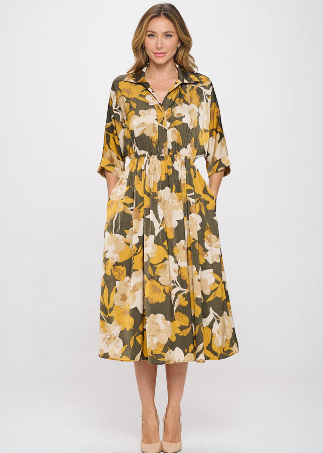 Floral Print Collared V neck Dress with Pockets-1