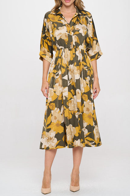 Floral Print Collared V neck Dress with Pockets-2