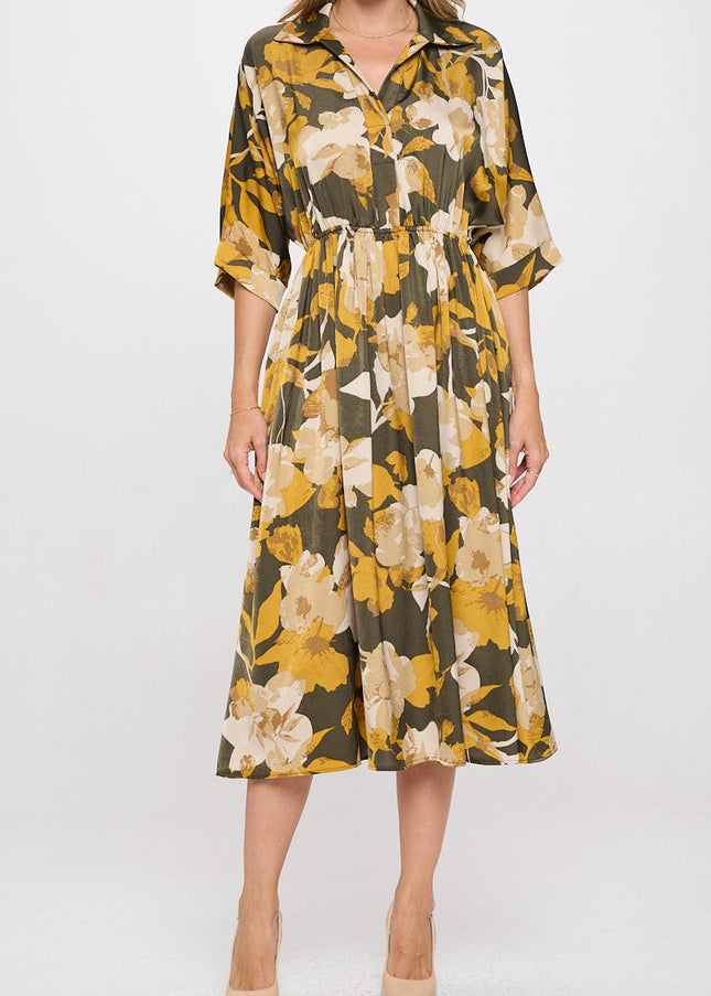 Floral Print Collared V neck Dress with Pockets-2