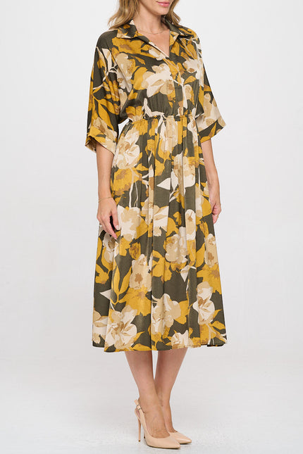 Floral Print Collared V neck Dress with Pockets-3