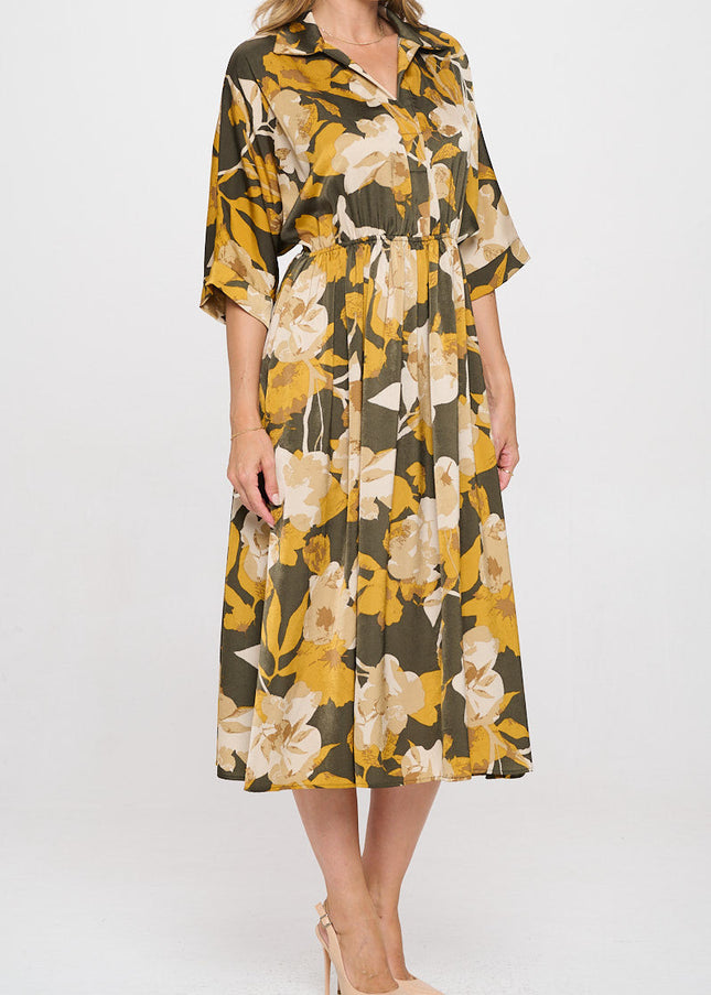 Floral Print Collared V neck Dress with Pockets-3