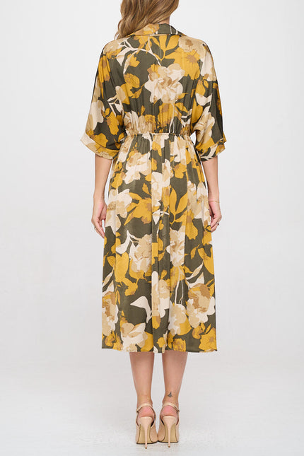 Floral Print Collared V neck Dress with Pockets-4