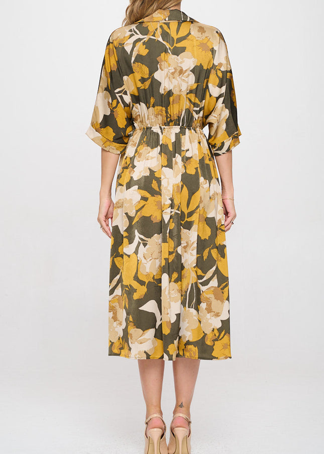 Floral Print Collared V neck Dress with Pockets-4