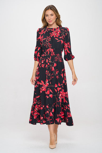 Floral Print Midi Tiered Hem Dress with Smock Waist-1