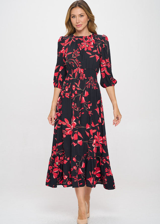 Floral Print Midi Tiered Hem Dress with Smock Waist-1