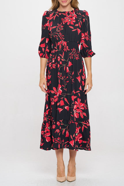 Floral Print Midi Tiered Hem Dress with Smock Waist-2