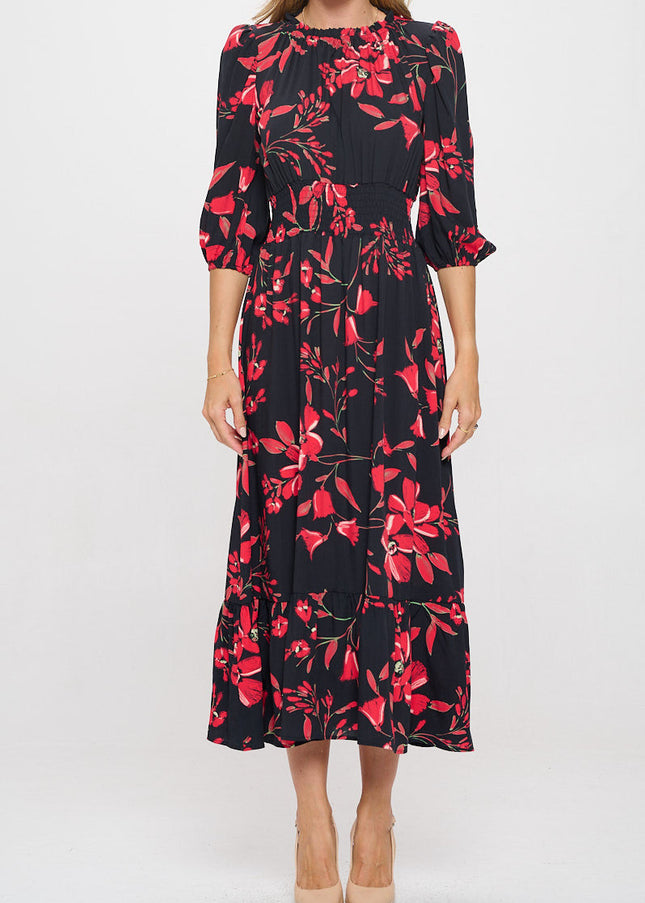 Floral Print Midi Tiered Hem Dress with Smock Waist-2