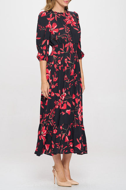 Floral Print Midi Tiered Hem Dress with Smock Waist-3