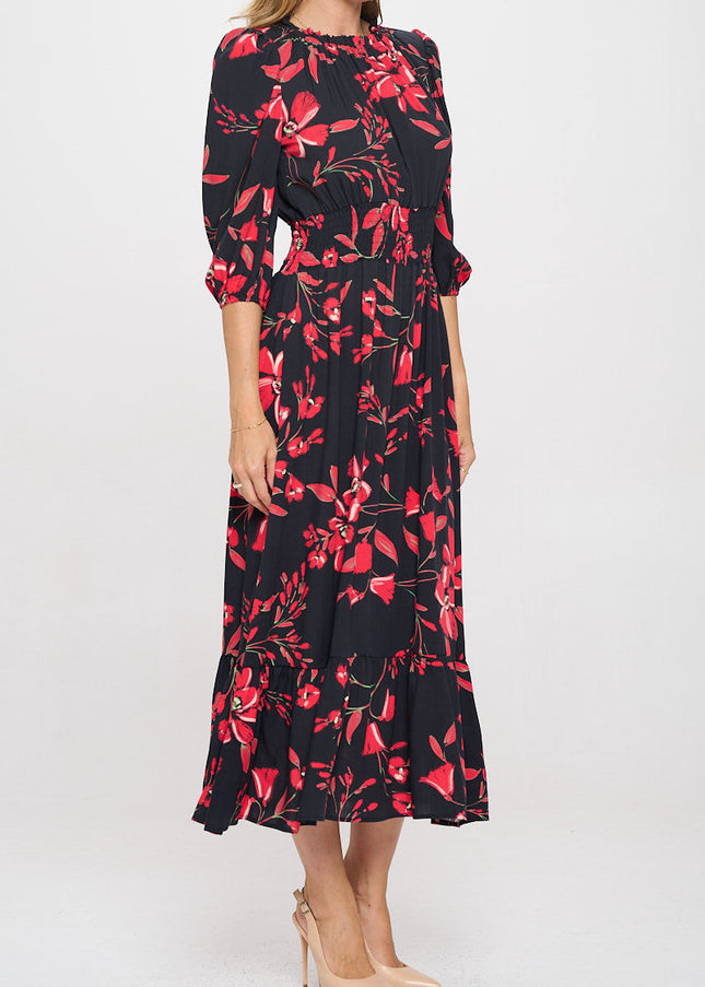 Floral Print Midi Tiered Hem Dress with Smock Waist-3