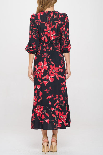 Floral Print Midi Tiered Hem Dress with Smock Waist-4