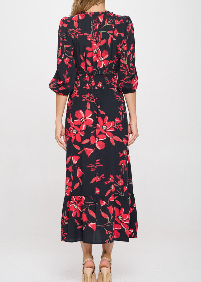 Floral Print Midi Tiered Hem Dress with Smock Waist-4