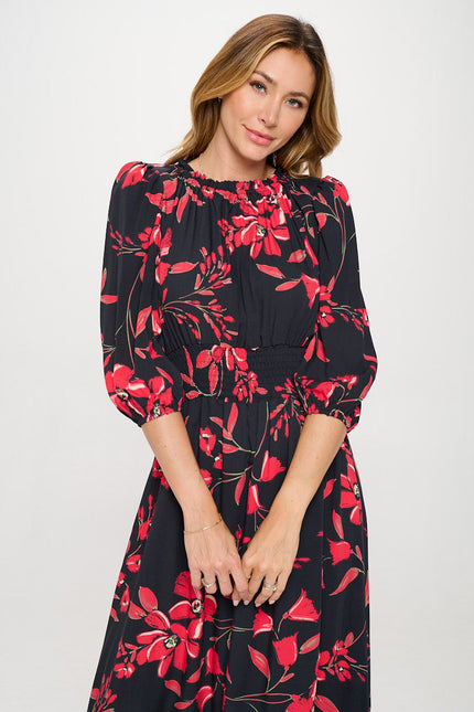 Floral Print Midi Tiered Hem Dress with Smock Waist-0