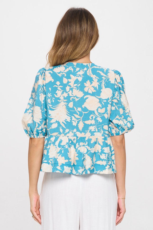 Floral Print Open Front Tie Detail Top �with Puff Sleeve-3