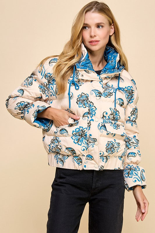 Floral Print Puffer Hooded Jacket