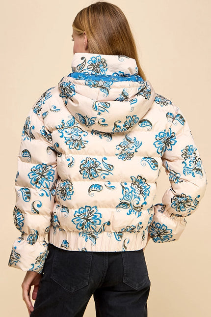 Floral Print Puffer Hooded Jacket