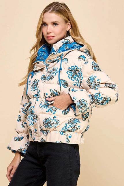 Floral Print Puffer Hooded Jacket