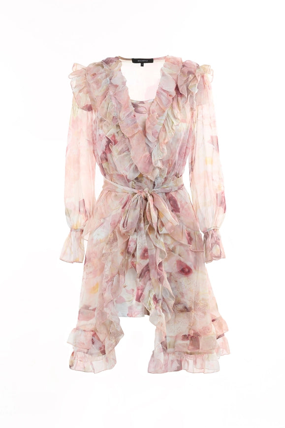 Floral Print Ruffled High Low Sheer Midi Dress-Dress-Beulah Style-S-Pink-Urbanheer