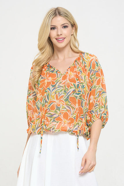 Floral Print Sheer V neck Top with Tie-1