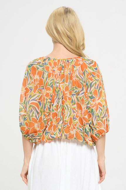 Floral Print Sheer V neck Top with Tie-3