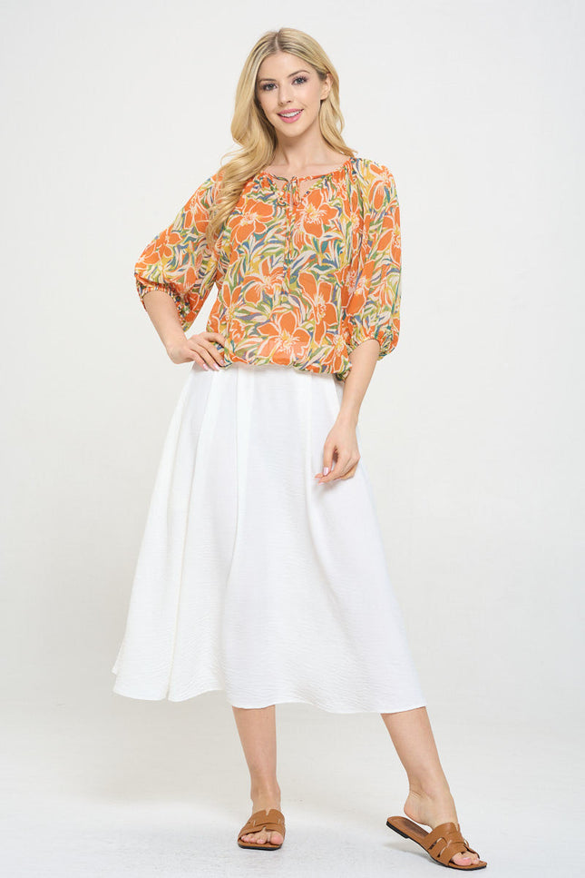 Floral Print Sheer V neck Top with Tie-4