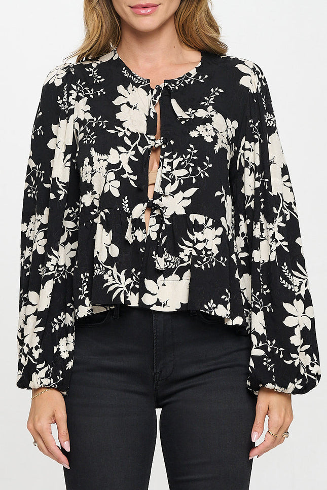 Floral Print Top with Front Tie Detail-1