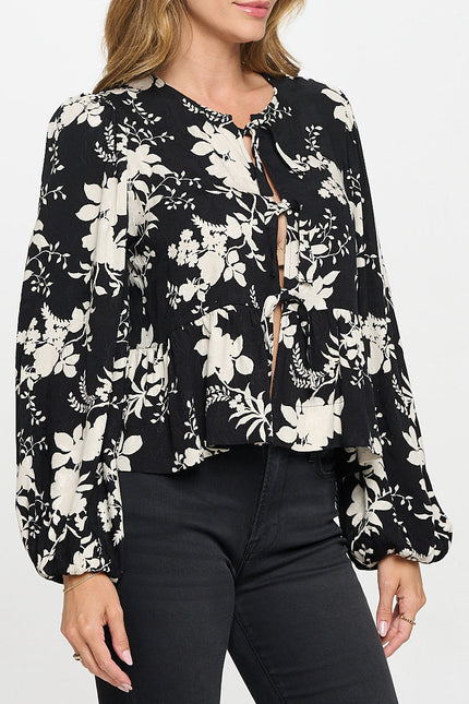 Floral Print Top with Front Tie Detail-2