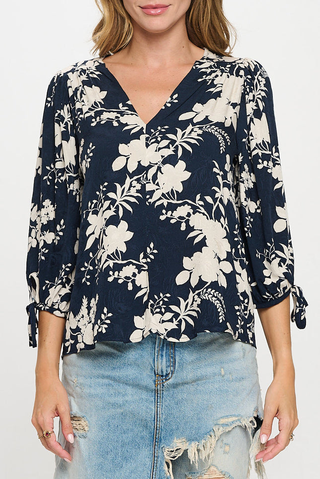 Floral Print V neck 3/4 Sleeve Top with Tie-2