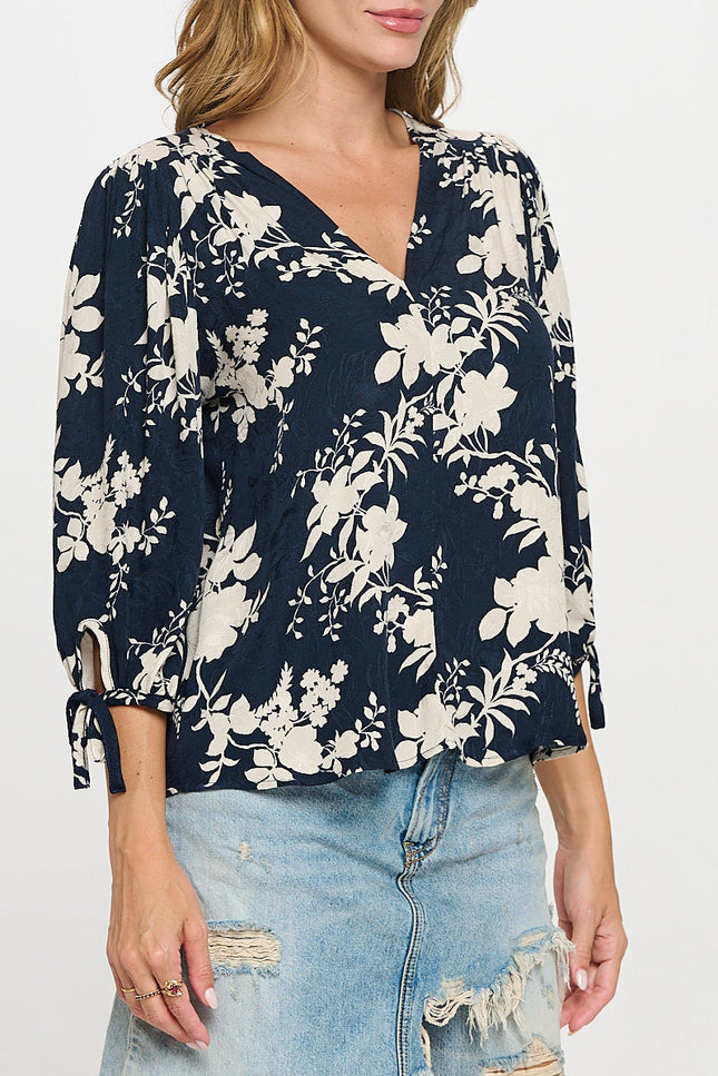 Floral Print V neck 3/4 Sleeve Top with Tie-3