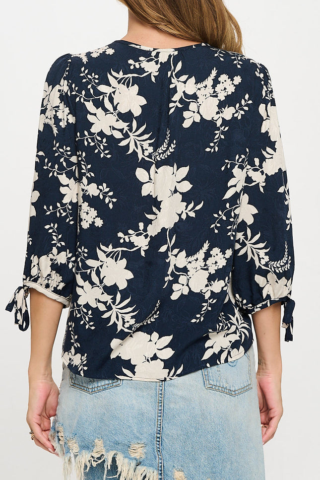 Floral Print V neck 3/4 Sleeve Top with Tie-4