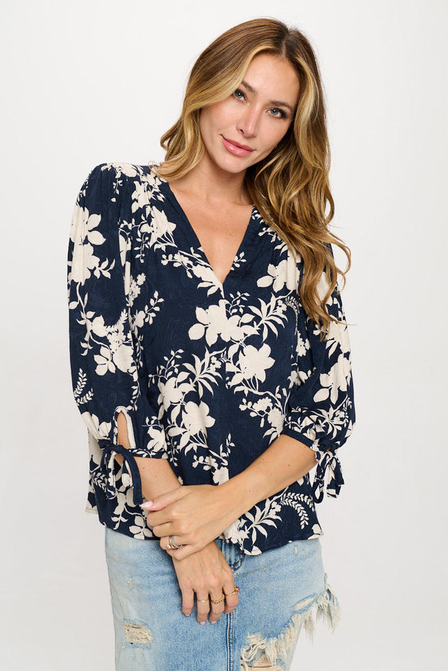 Floral Print V neck 3/4 Sleeve Top with Tie-0