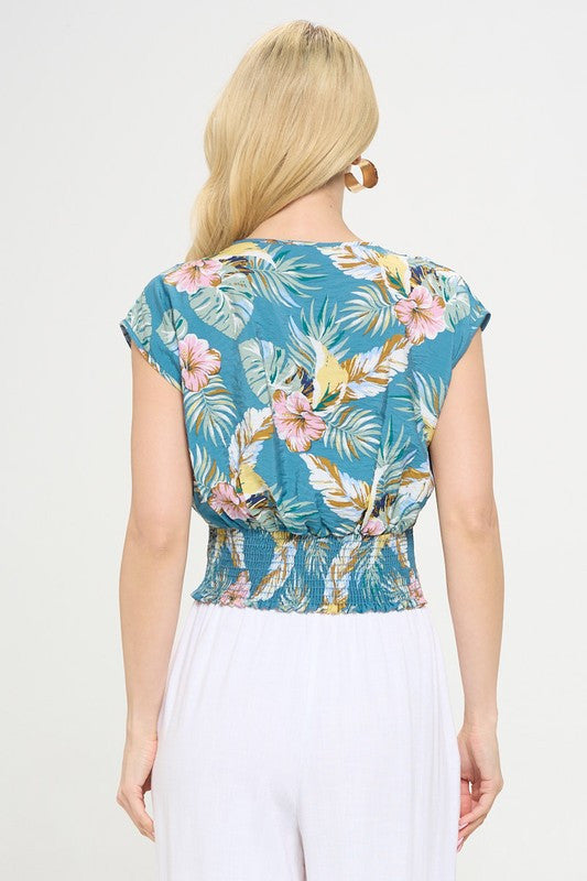 Floral Print V neck Crop Top w Smock Back Detail-3