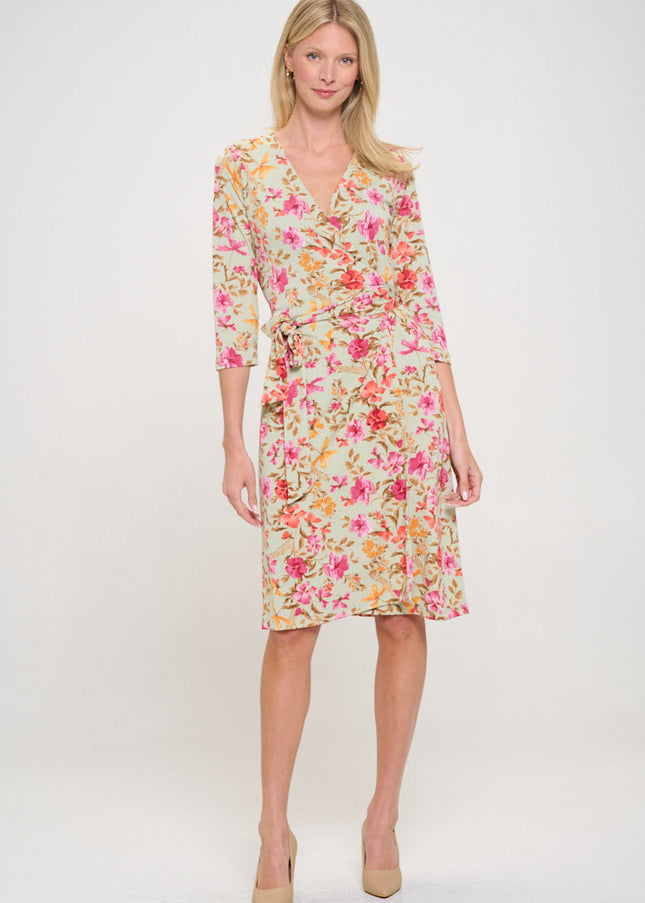 Floral Print V neck Jersey Wrap Dress with Tie-1