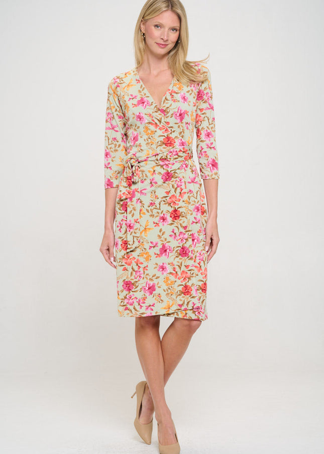 Floral Print V neck Jersey Wrap Dress with Tie-2