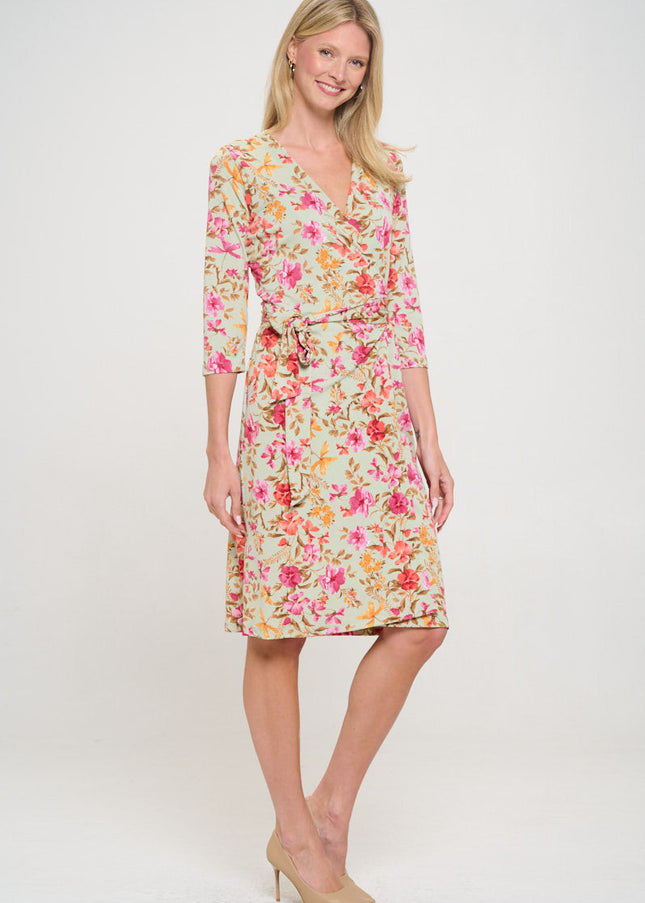 Floral Print V neck Jersey Wrap Dress with Tie-3