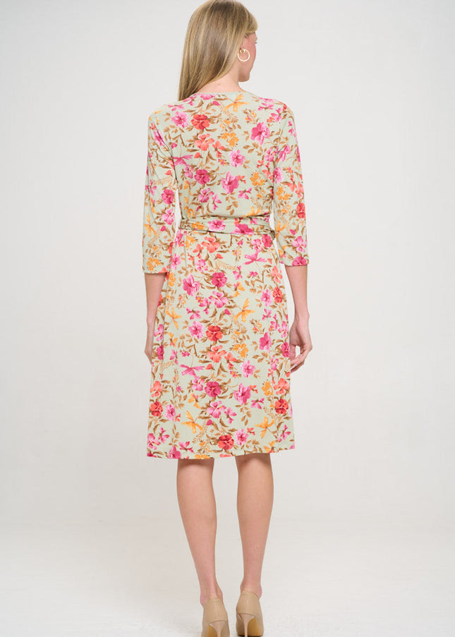 Floral Print V neck Jersey Wrap Dress with Tie-4