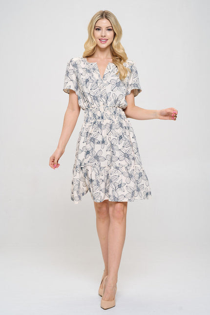 Floral Print V neck Tiered Dress with Smock Waist-1