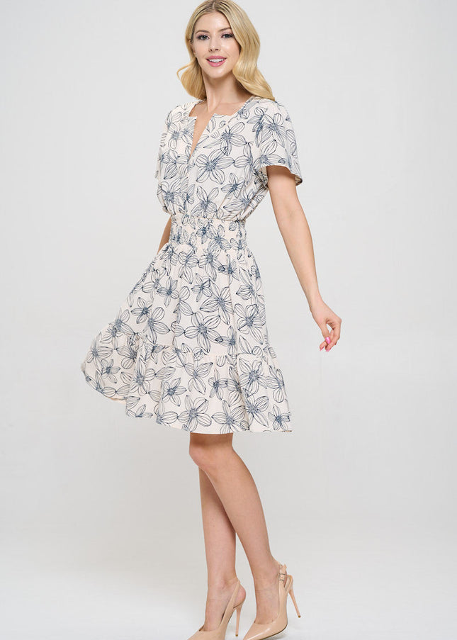 Floral Print V neck Tiered Dress with Smock Waist-3