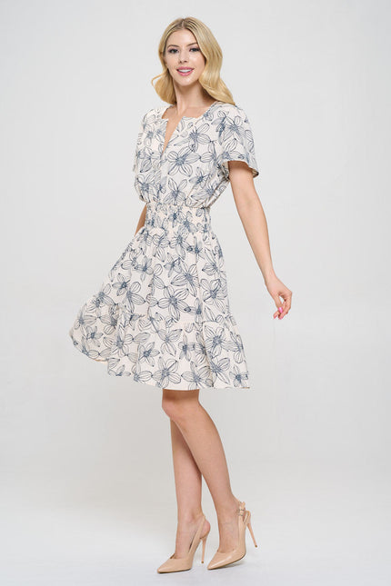 Floral Print V neck Tiered Dress with Smock Waist-3