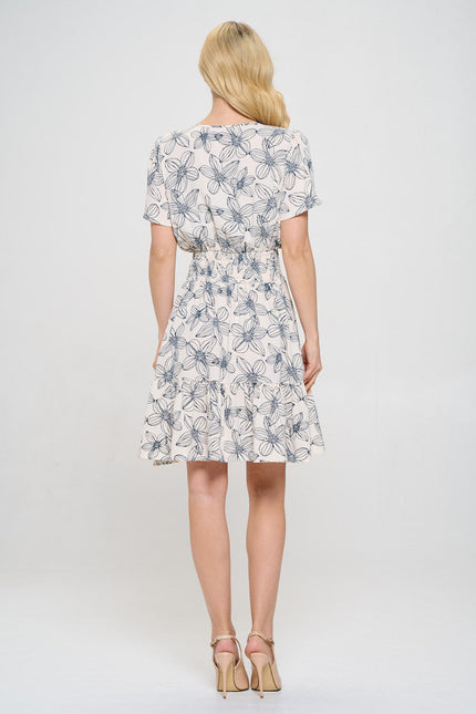 Floral Print V neck Tiered Dress with Smock Waist-4