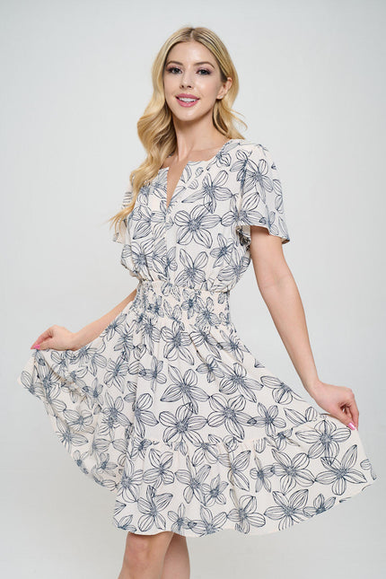 Floral Print V neck Tiered Dress with Smock Waist-0