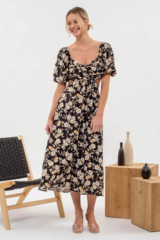 Floral Puff Sleeve Cut Out Midi Dress  BLACK MULTI