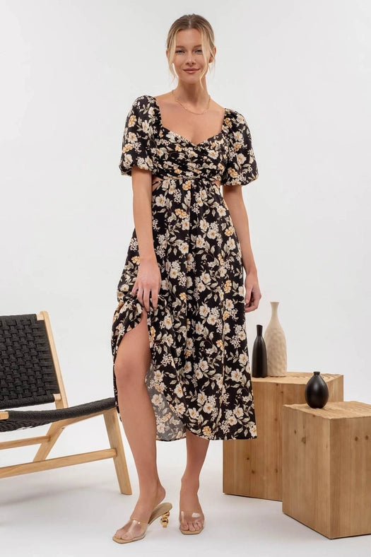 Floral Puff Sleeve Cut Out Midi Dress  BLACK MULTI